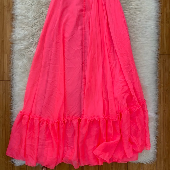 Mac Duggal Neon Hot Pink High Neck Sleeveless Tiered Chiffon Halter Gown 67816 - Picture 9 of 12